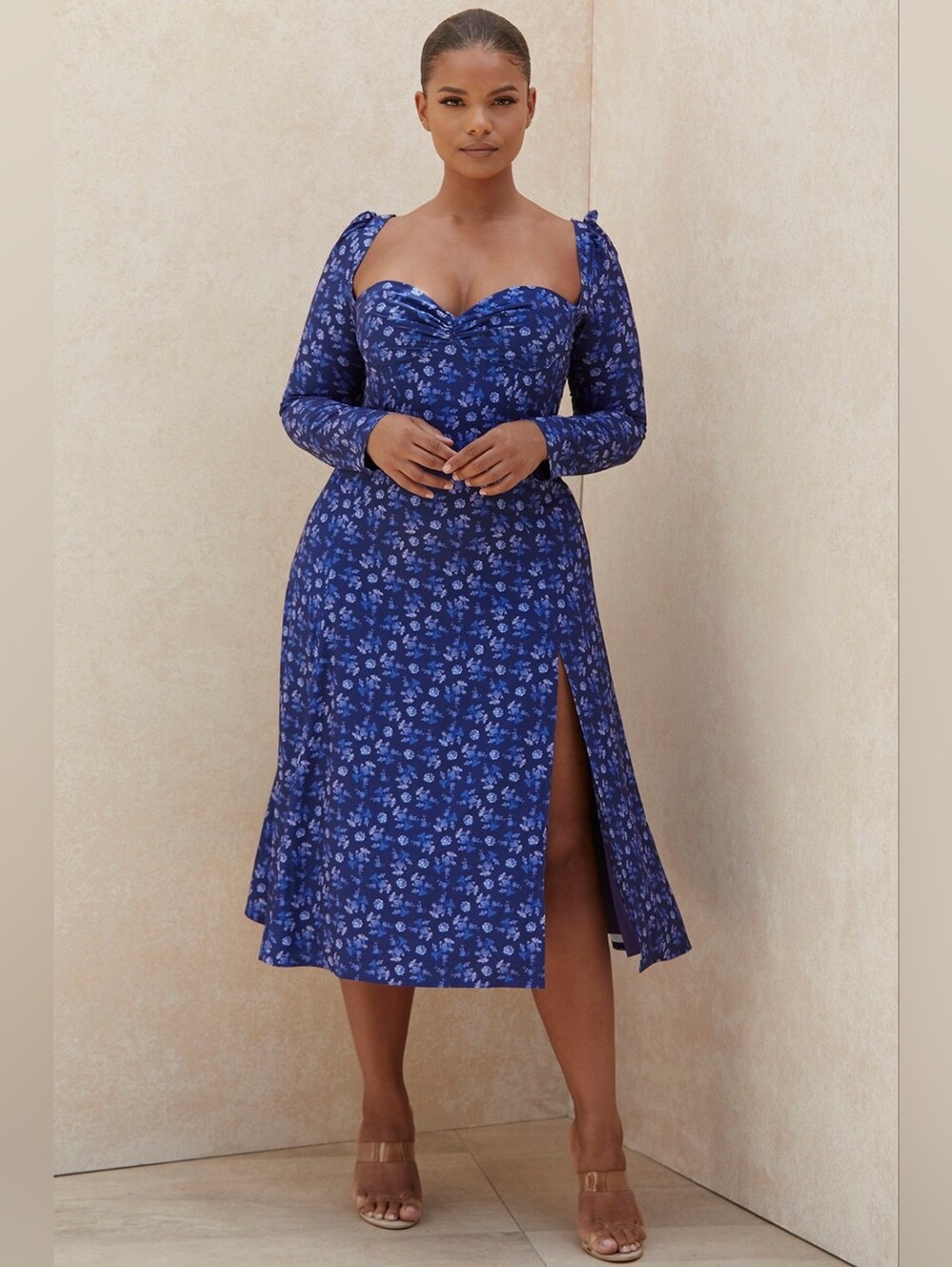 House of CB Gaia Sapphire Floral Puff Sleeve Midi Dress